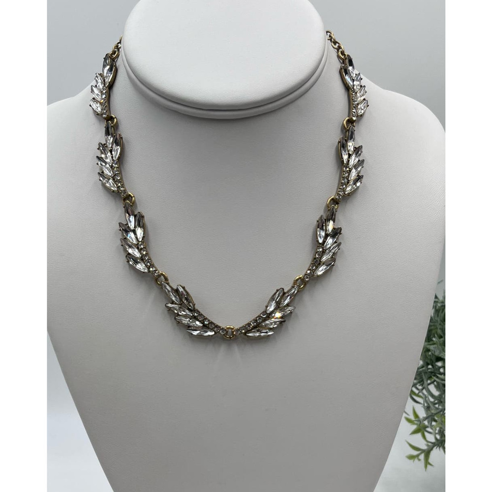J. Crew Fan Feather Leaves Rhinestone Bling Collar Necklace